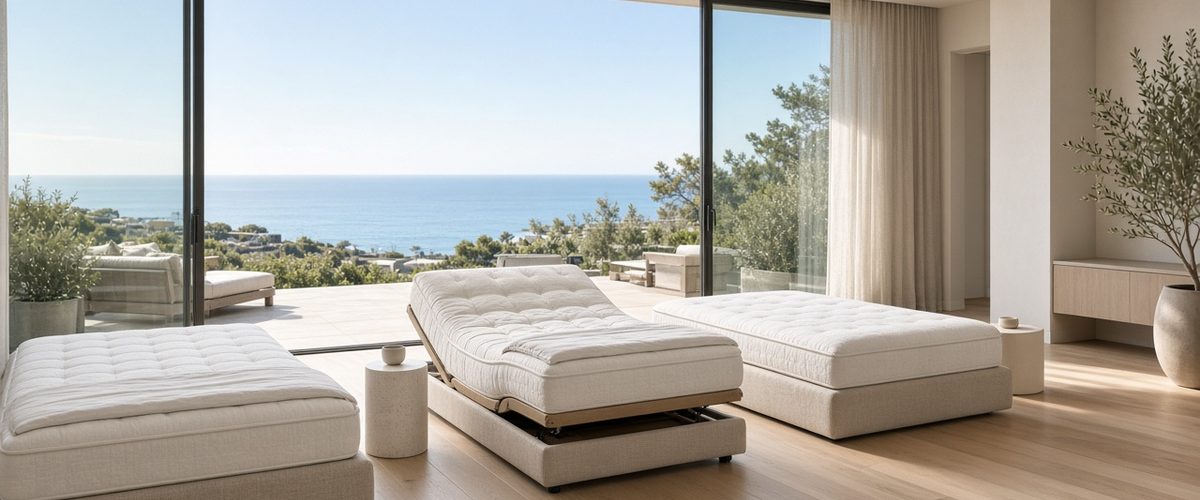 Luxury mattresses and an adjustable base in a bright bedroom